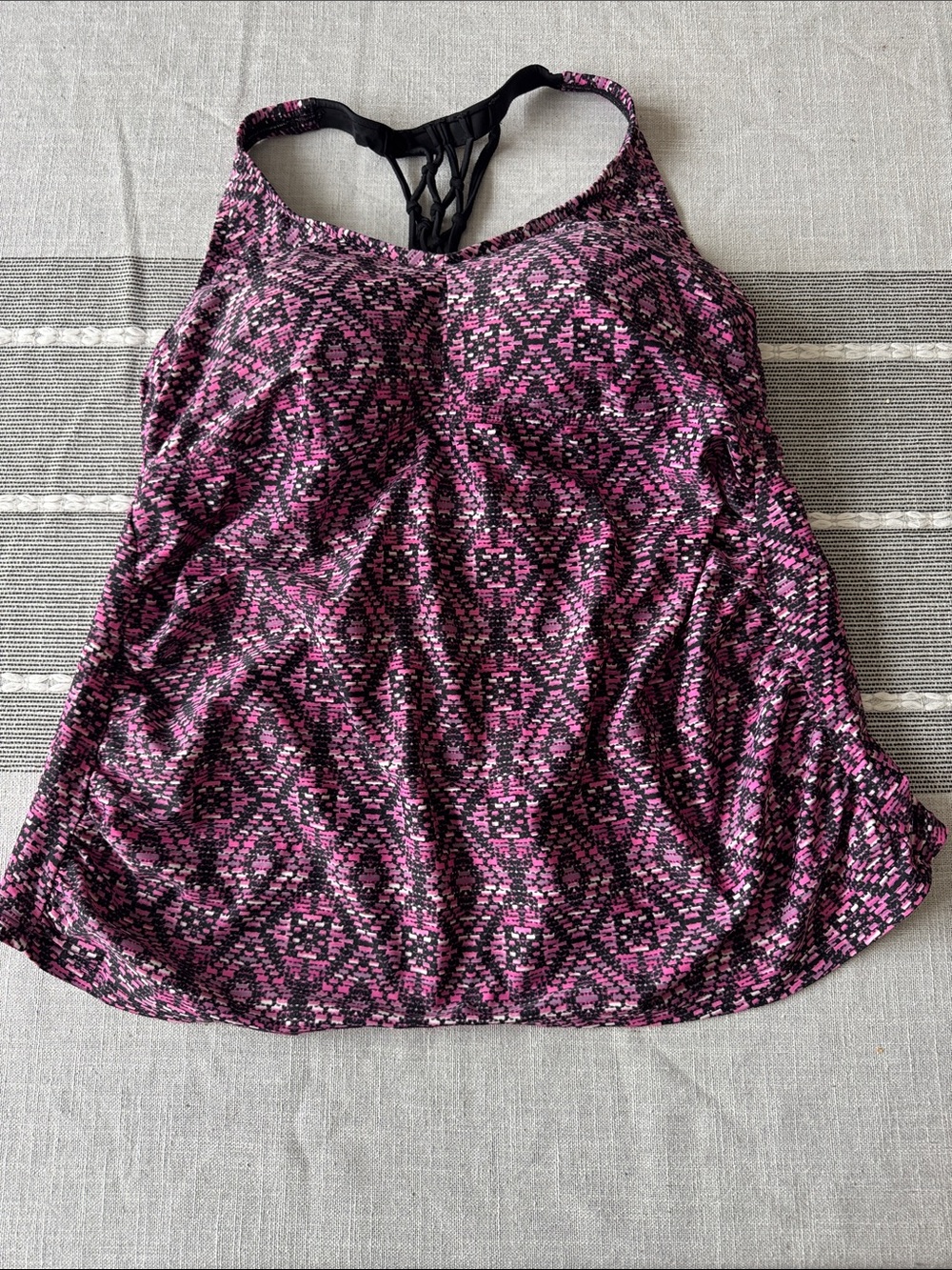 Pink and Black Geometric Active Tankini top with Strappy Back